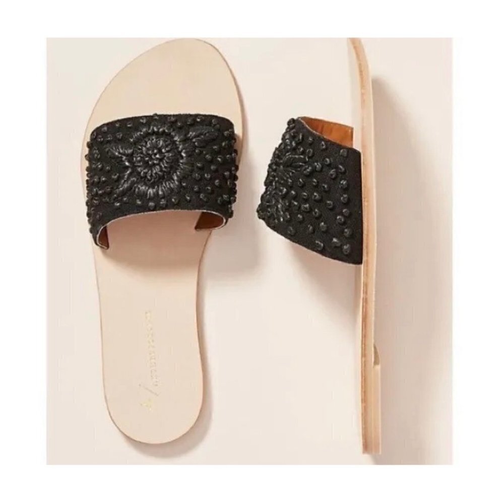 🌷Sale Anthropologie Stephanie Handmade Embroidered Slides Sandals Size 7 Black - Picture 12 of 12